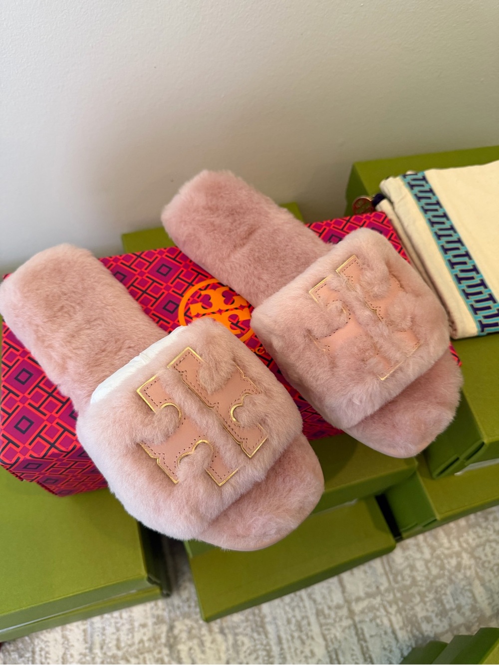 Tory Burch Blush Double T Shearling Slide Sandals/ Slipper